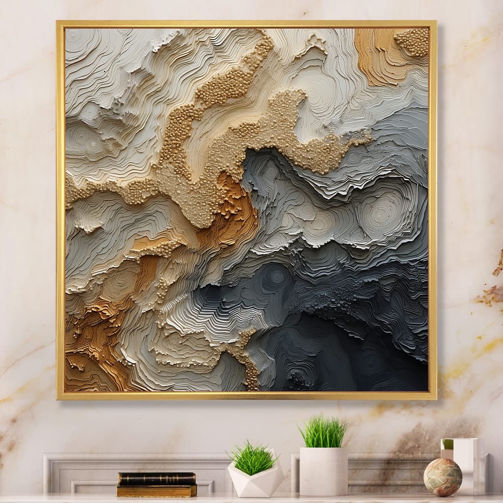 Designart "Gold And Beige River Spiral" Abstract Painting Framed Canvas Wall Art