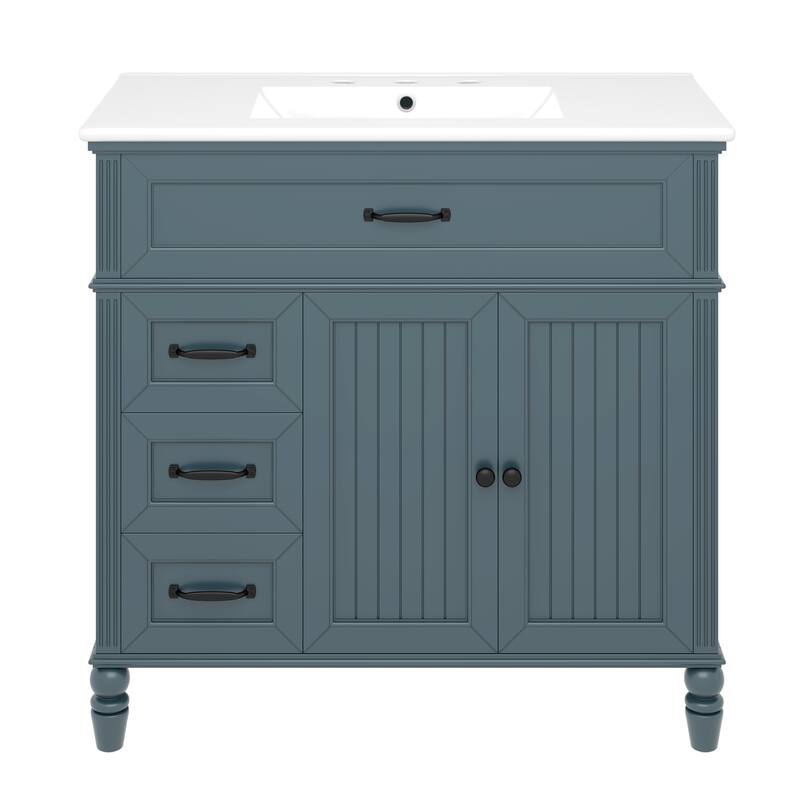 36" Bathroom Vanity with Ceramic Sink Blue Bathroom Cabinet with Drawers