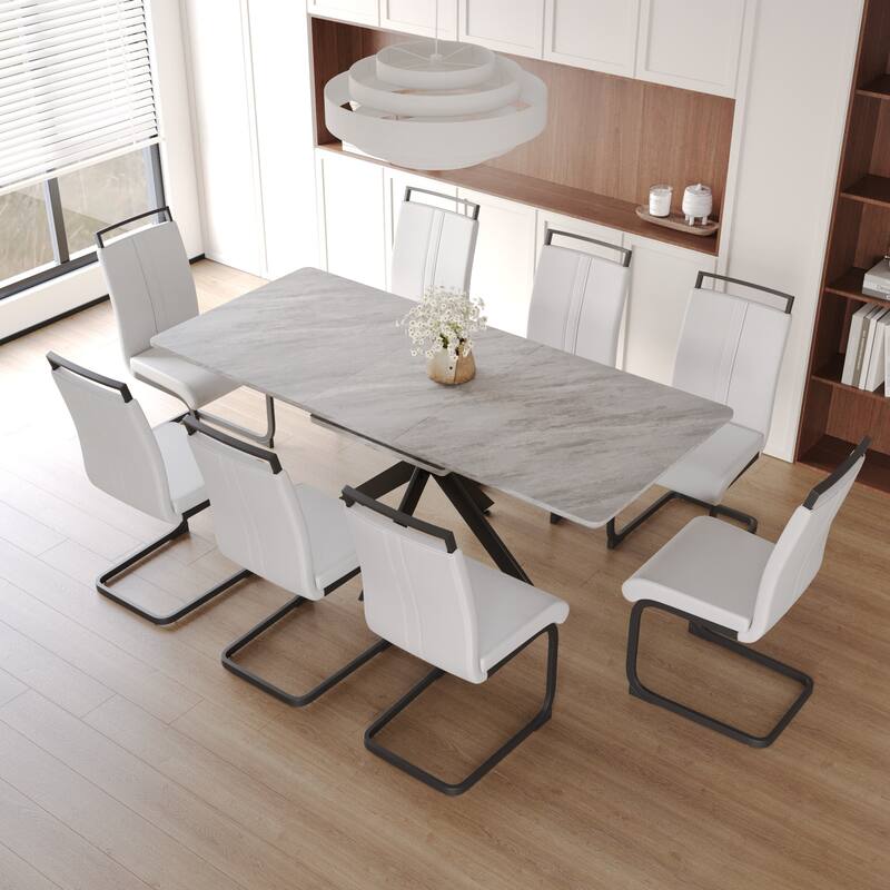 Modern Dining Set with Rectangular Extendable Table & C-shaped Tube Soft Padded Armless Chairs