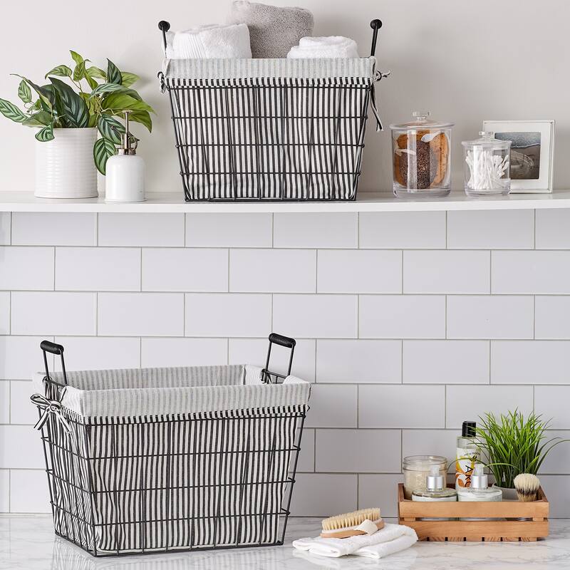 Asst Farmhouse Black Wire Black/White Ticking Stripe Liner Basket - Lined Basket Set