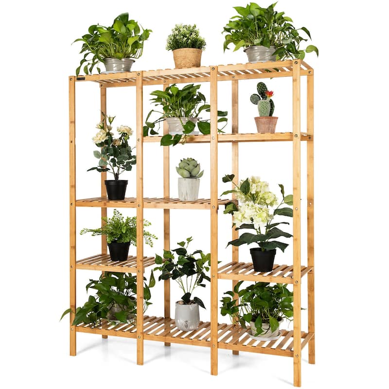Multifunctional Bamboo Shelf Storage Organizer Rack Plant Stand - Natural
