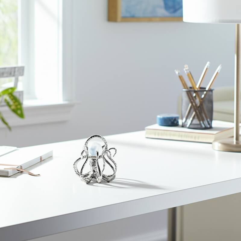 Metal Glass Figurine Octopus Design Metallic Coastal Style - 7" Silver - 7.75" x 7" x 7"