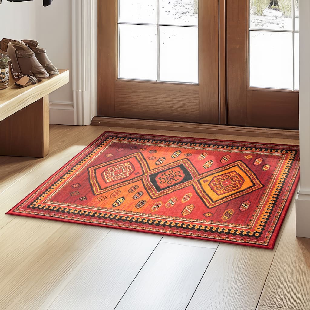 My Magic Carpet Phoenix Kilim Garnet Machine Washable Area Rug