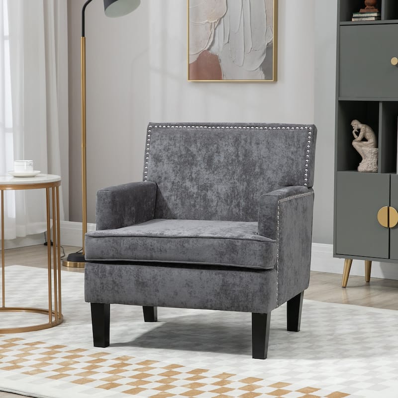 HOMCOM Modern Accent Chair, Upholstered Living Room Chair with Solid Wood Legs and Nailhead Trim, Dark Gray - grey