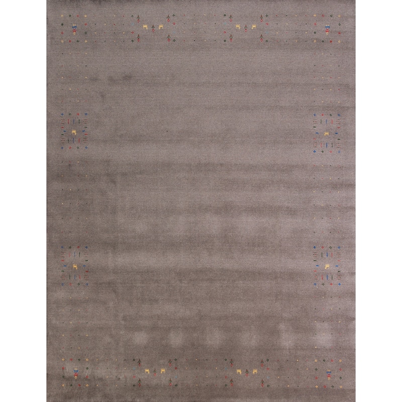 Tribal Gabbeh Area Rug Hand-Knotted Grey Wool Carpet - 8'0" x 9'11"