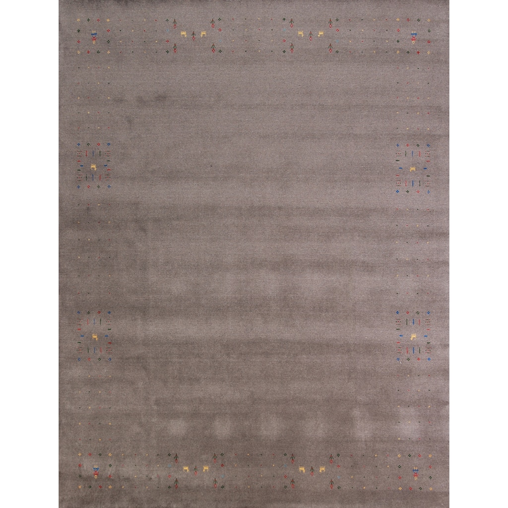 Tribal Gabbeh Area Rug Hand-Knotted Grey Wool Carpet - 8'0" x 9'11"