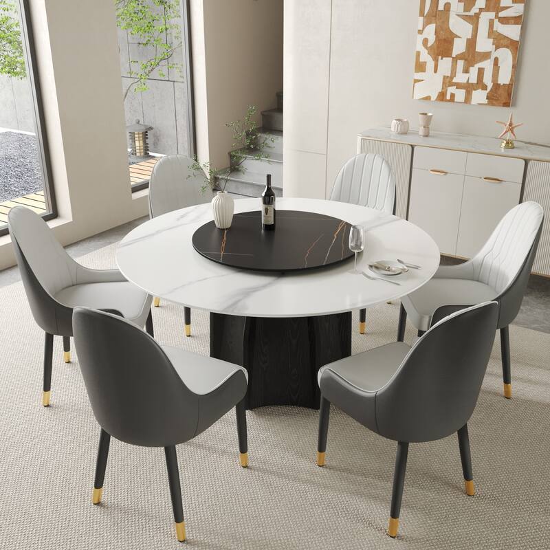 59.05'' Modern Round Sintered Stone Table Top Black Wood Pedestal with Lazy Susan - white top&black pedestal&black lady susan 