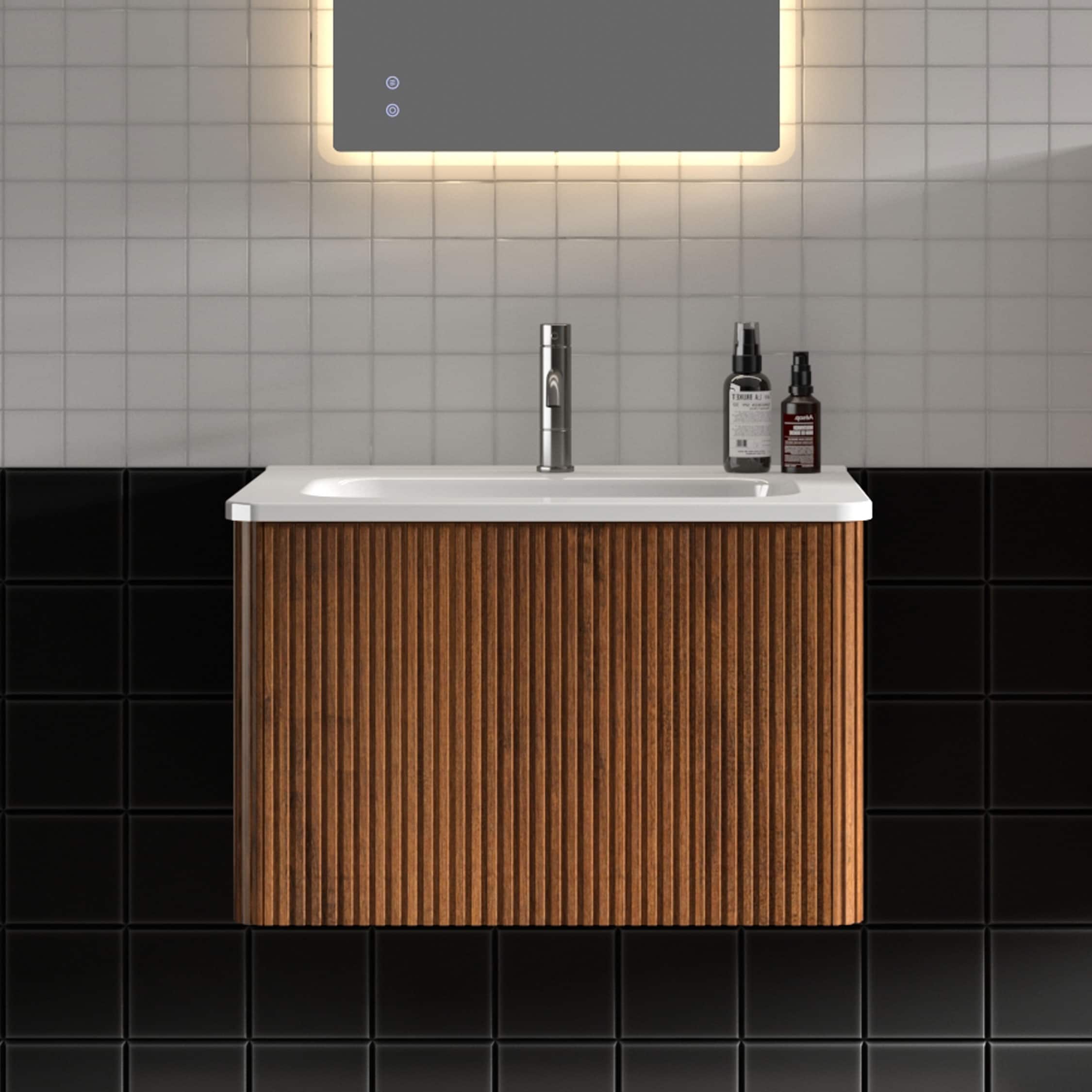 Ayna Decors Rooh 24 In Navy Blue Bathroom Vanity With White Quartz Countertop & Ceramic Sink, 2 Soft Closing Doors, 1 Full Extention Soft Close Drawer Brushed Nickel