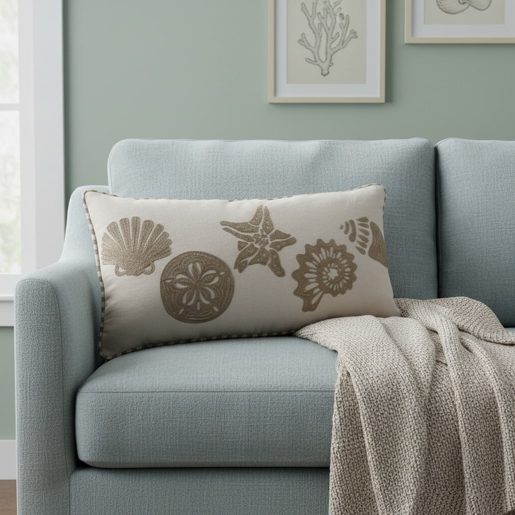 HomeRoots 11" X 21" Beige and Khaki Seashells Cotton Throw Pillow with Embroidery