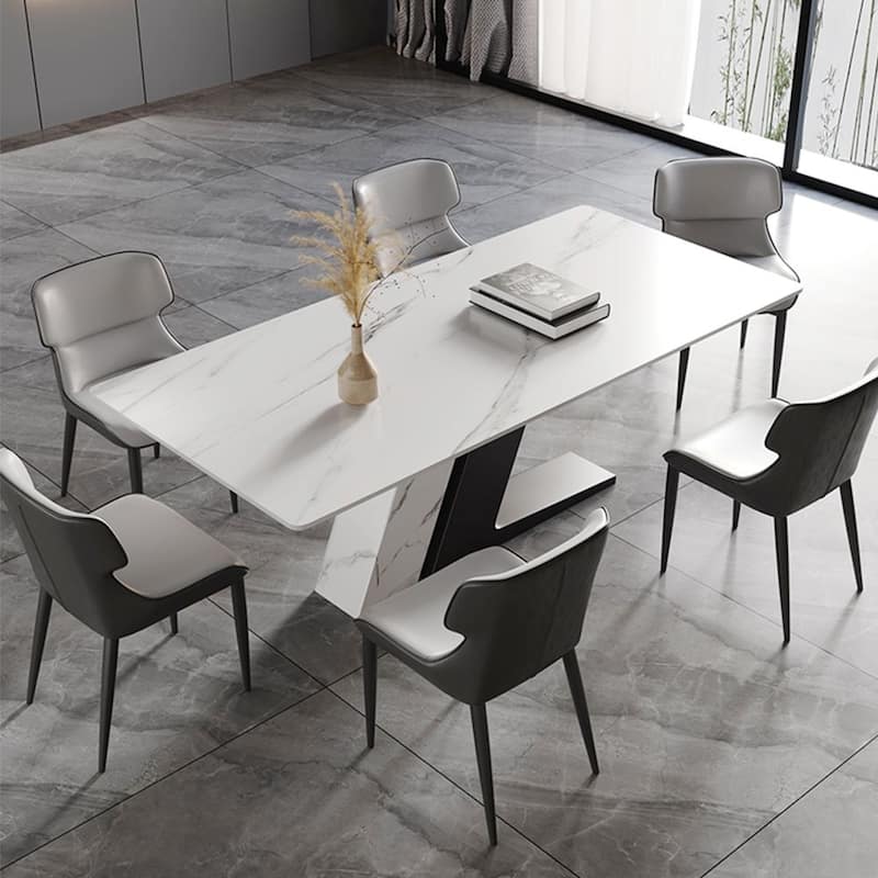 Modern Luxury White Rectangular Dining Table with Glossy Sintered Stone Tabletop, White Z-shaped Stainless Steel Base