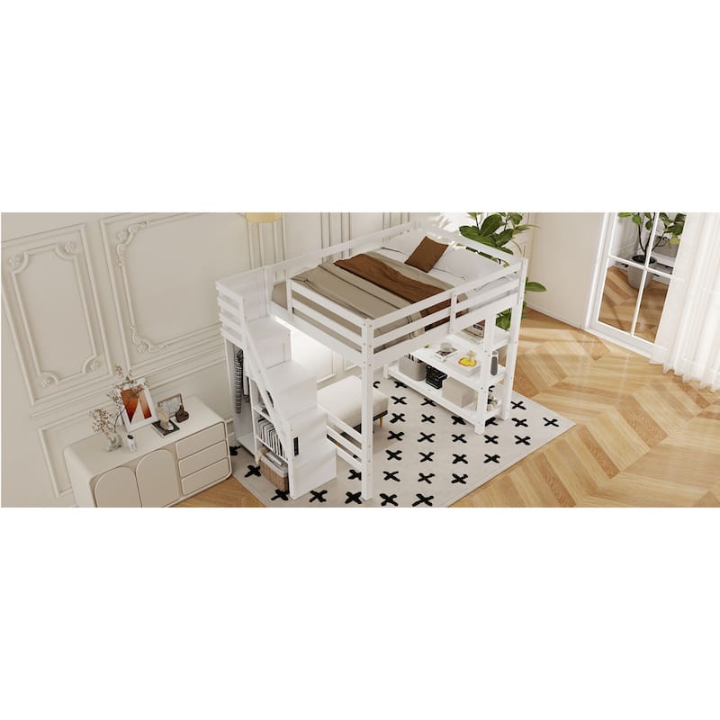 Roomfitters Twin/Full Size Loft Bed with Wardrobe, Storage Staircase and LED Light, White