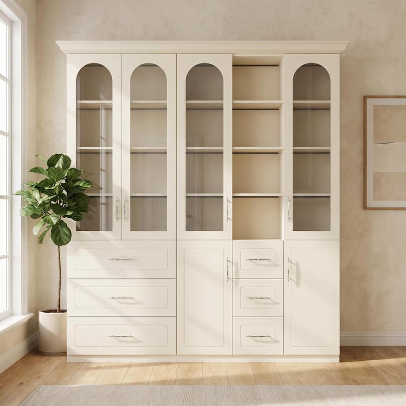 Modular Bookcase with LED Lights, Glass Door Storage Cabinet with Drawers, Large Display Shelving Unit Sideboard - 89.6"W(Combo)