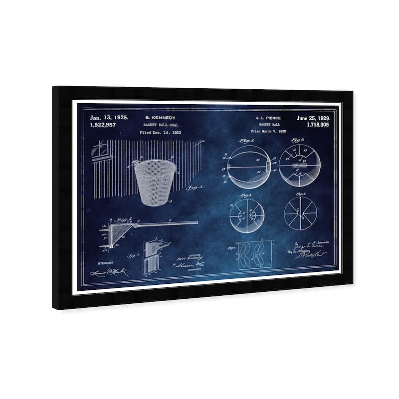 Wynwood Studio 'Basketball and Hoop Blue Chalkboard' Sports and Teams Blue Wall Art Framed Print