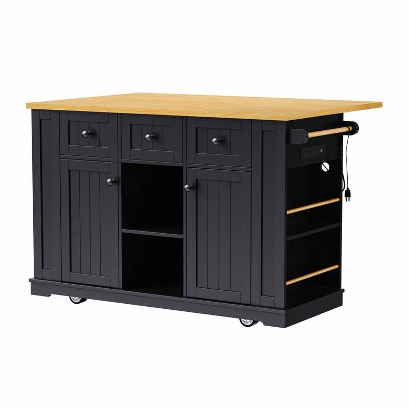 53" Rolling Kitchen Island with Drop Leaf, Power Outlet & Internal Door Storage, 5 Open Side Racks