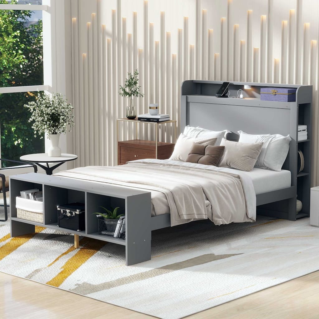Full Size Platform Bed with built-in shelves, LED Light and USB ports