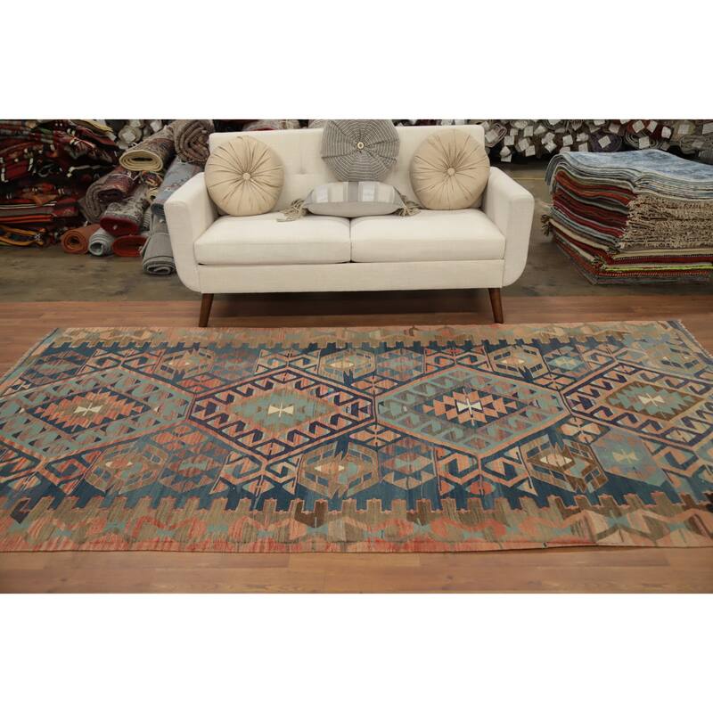 Hand Woven Oriental 100% Wool Carpet Southwestern Tribal Navy Blue & Blues Kilim Area Rug - 9' 9'' X 5' 1''