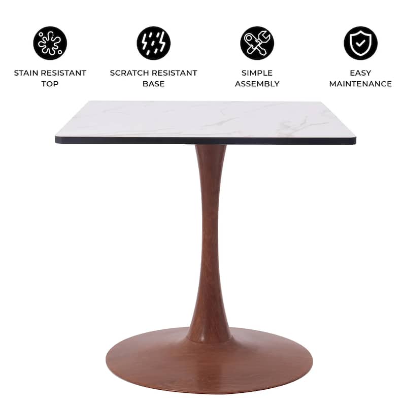 Bristol 27" Square Dining Table with Marbled White MDF Top and Steel Pedestal Base for Modern Kitchen and Dining Room - 27 in.