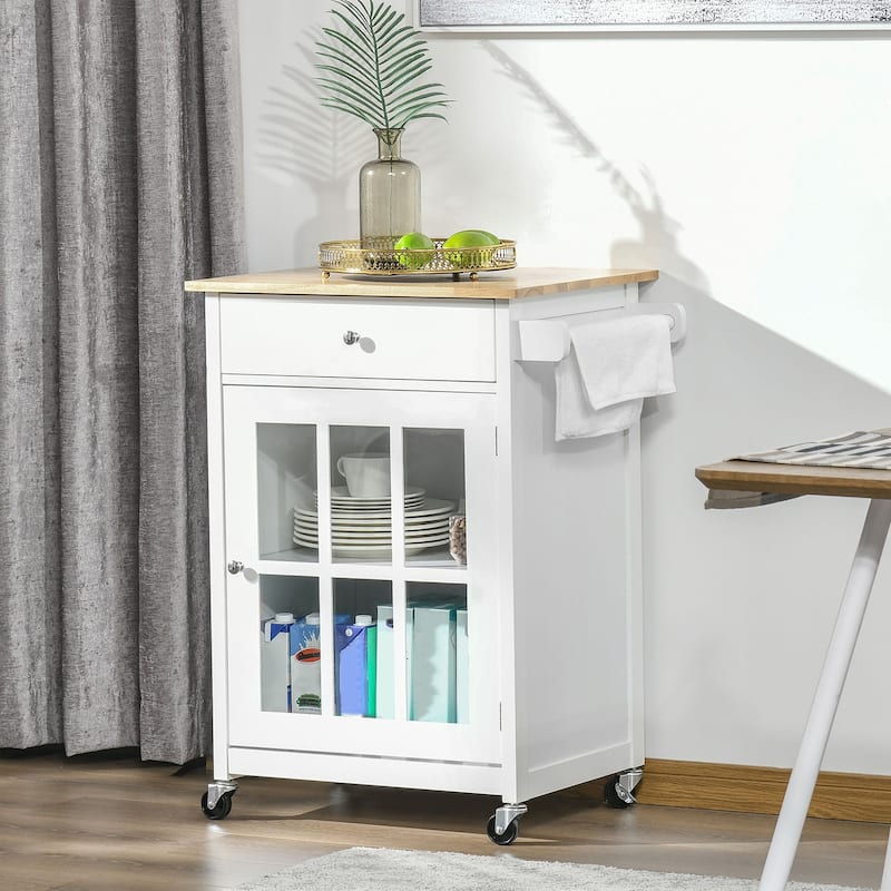 HOMCOM 27" Rolling Kitchen Island Cart with Drawer and Glass Door Cabinet, Kitchen Trolley with Adjustable Shelf and Towel Rack