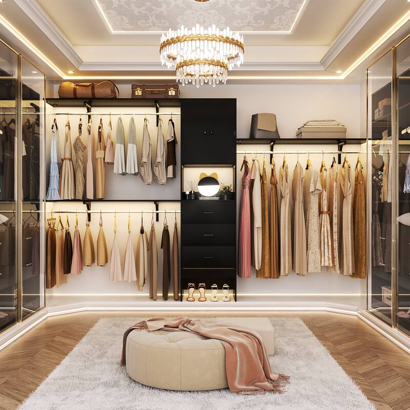Rackcog 20.3'' - 120'' Large Closet Organizer with Doors, Closet System with Drawers and Hanging Rods (can be cut to fit)