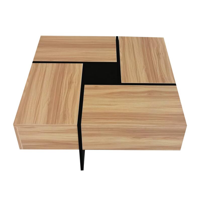 Modern Coffee Table with Sliding Top & Hidden Storage, Brown Veneer, 4 Compartments, 31.5" Square Cocktail Table