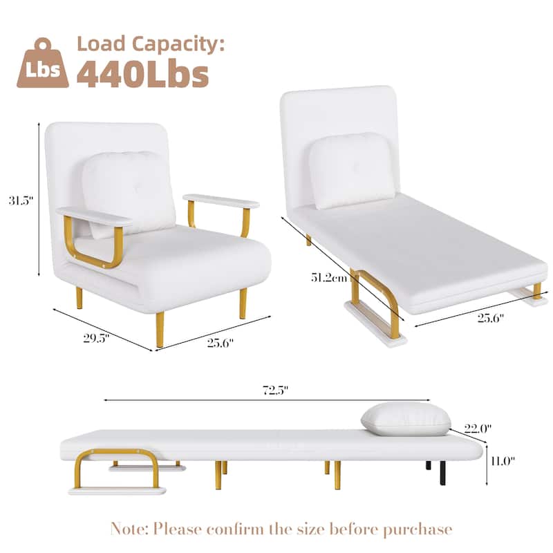 Folding Sofa Bed 3-in-1 Convertible Chair, Lounge Chair with 5-Position Adjustable Backrest, Sleeper Bed with Pillow
