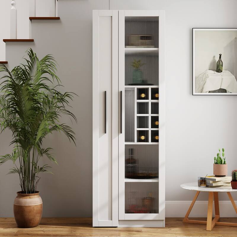 Roomfitters White Kitchen Pantry Cabinet with Glass Doors, Pull-Out Multi-Tier Shelf, and Wine Storage Rack