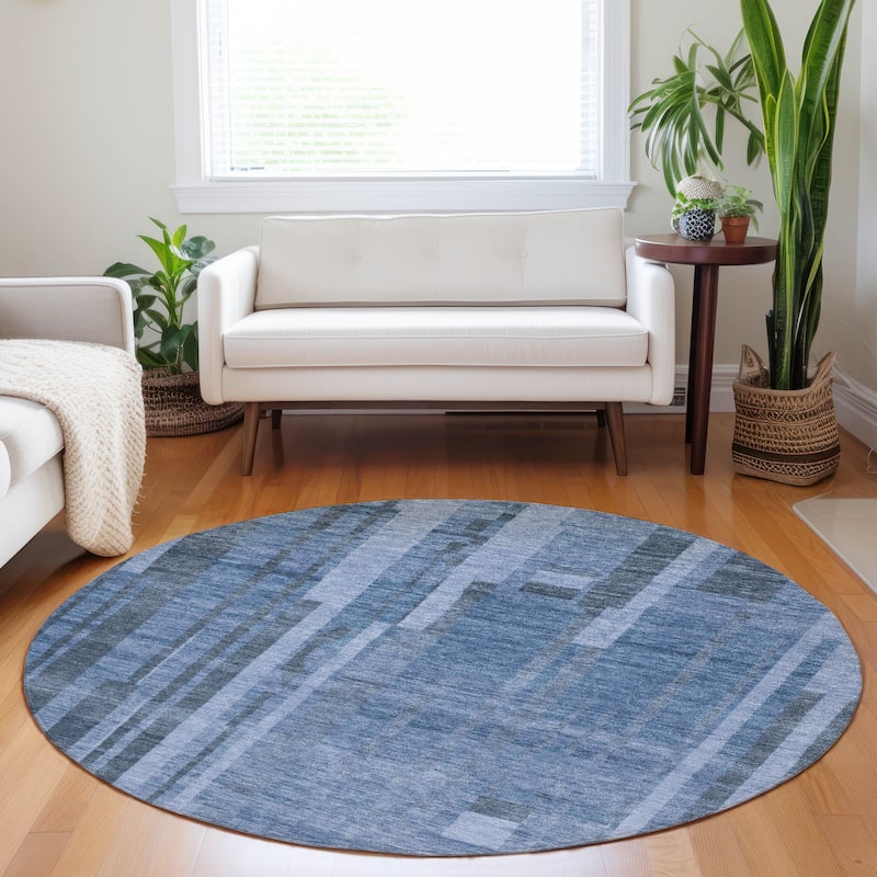Machine Washable Indoor/ Outdoor Modern Stripes Chantille Rug - Navy - 8' x 8'
