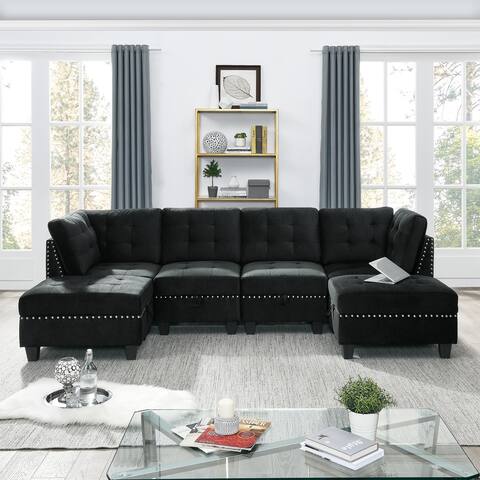 Nestfair Black Velvet U-shape Sectional Sofa with Copper Nails
