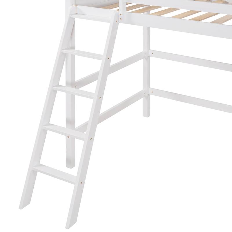 Wooden Loft Bed Twin Size, Solid Wood High Loft Bed Frame with Ladder & Safety Guardrail, Twin Kids Bed Frame for Boys Girls