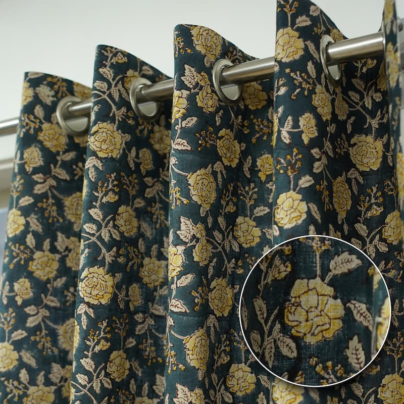 Fabdivine Handmade Soft Pure Linen Fabric Eyelet Curtain Block Print Floral Drape - 54" X 120" - Rameshwaram- Dark Blue, Yellow
