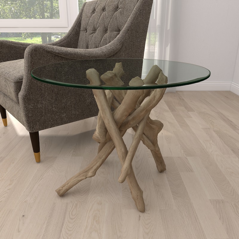 Brown Wood Handmade Tree Branch Accent Table with Clear Glass Top