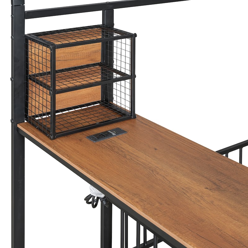 Stylish Twin Metal House Bed with Desk, Shelves, USB Ports, and Power Outlets - Modern Kids Bed