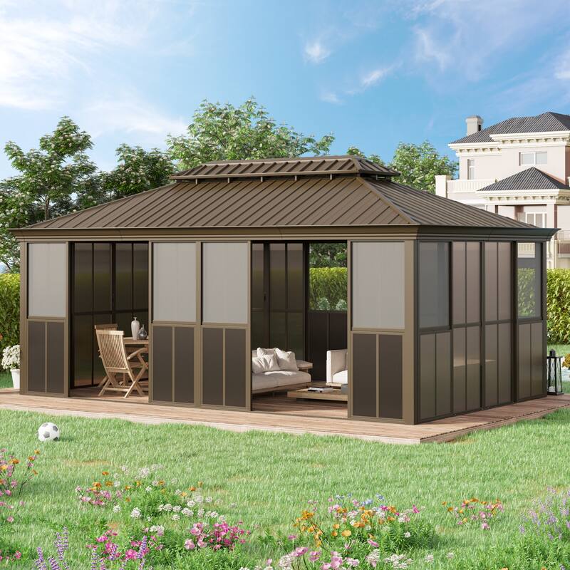 Hardtop Gazebo with Double Steel Roof, Sliding/Lockable Doors & Screens - All-Season Rustproof Aluminum Frame，Advanced Drainage