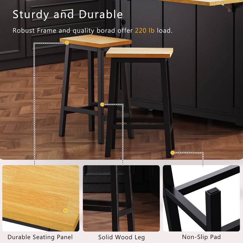 53.14'' Kitchen Island with 2 Bar Stools, Power Outlet,Door Internal Storage Rack, Drop Leaf, 5 Open Side Racks, 3 Drawers
