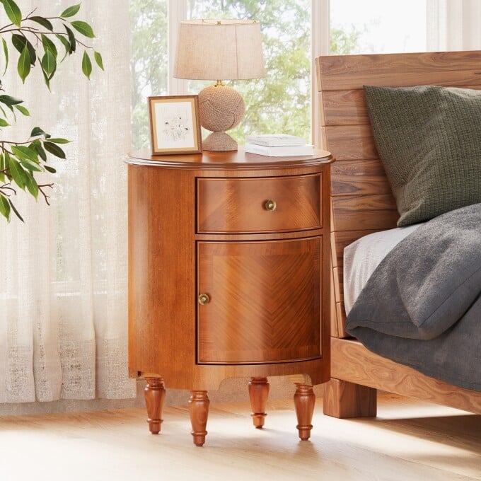 Solid Wood Round Nightstand, Assembled Beside Cabinet with Drawer - 1PC
