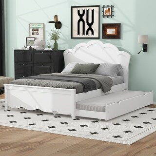 Full Size Platform Bed with Cloud Shaped Headboard and Twin Size Trundle, Sturdy Pine Frame, No Box Spring Required, White