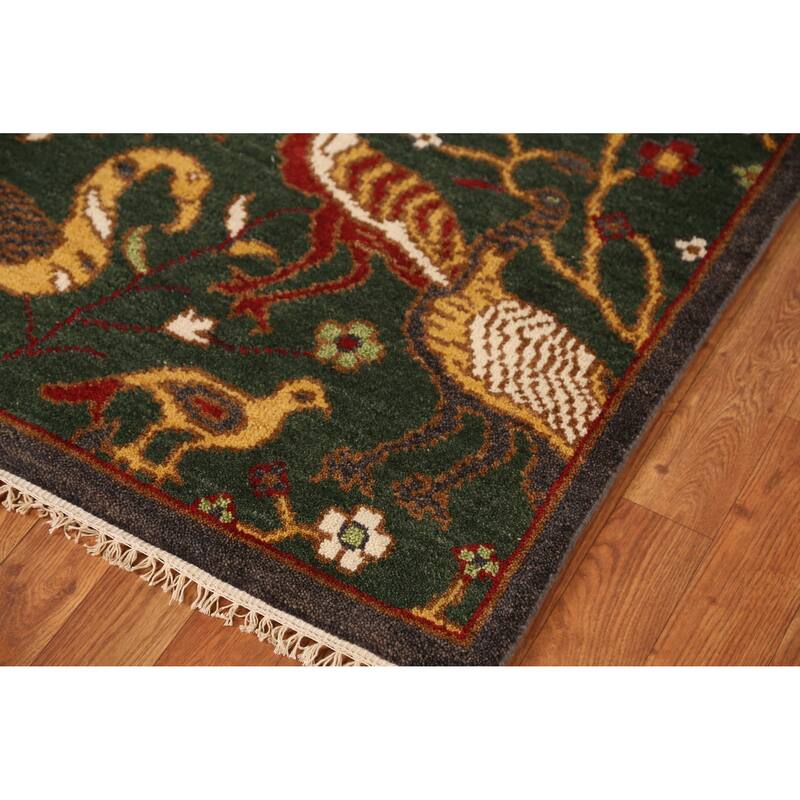 Animals Green Ziegler Indian Runner Rug Handmade Wool Carpet - 2'6" x 8'0"