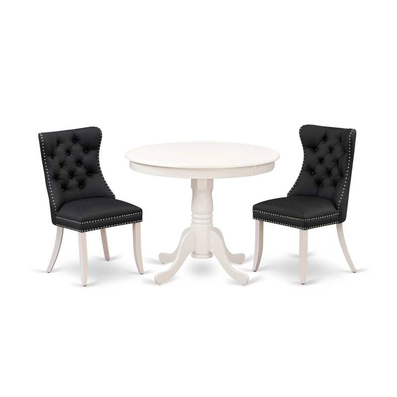 3-Piece Linen White Finish Solid Wood Top - Round Upholstered Dining Room Set - Seats 4