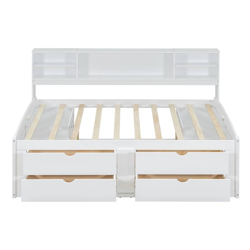 Full Size Wood Daybed with 2 Bedside Cabinets, Upper Shelves and 4 Drawers, White