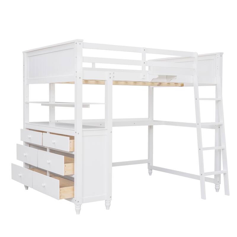 Loft Bed with Drawers and Desk, Wooden Loft Bed with Shelves