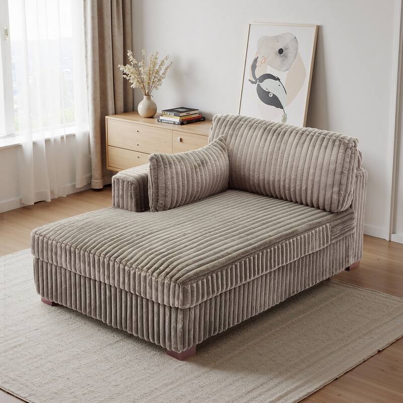 UIXE Upholstered Plush Bedroom Lounge Chairs with Right Armrest & Lumbar Pillow - Light Brown