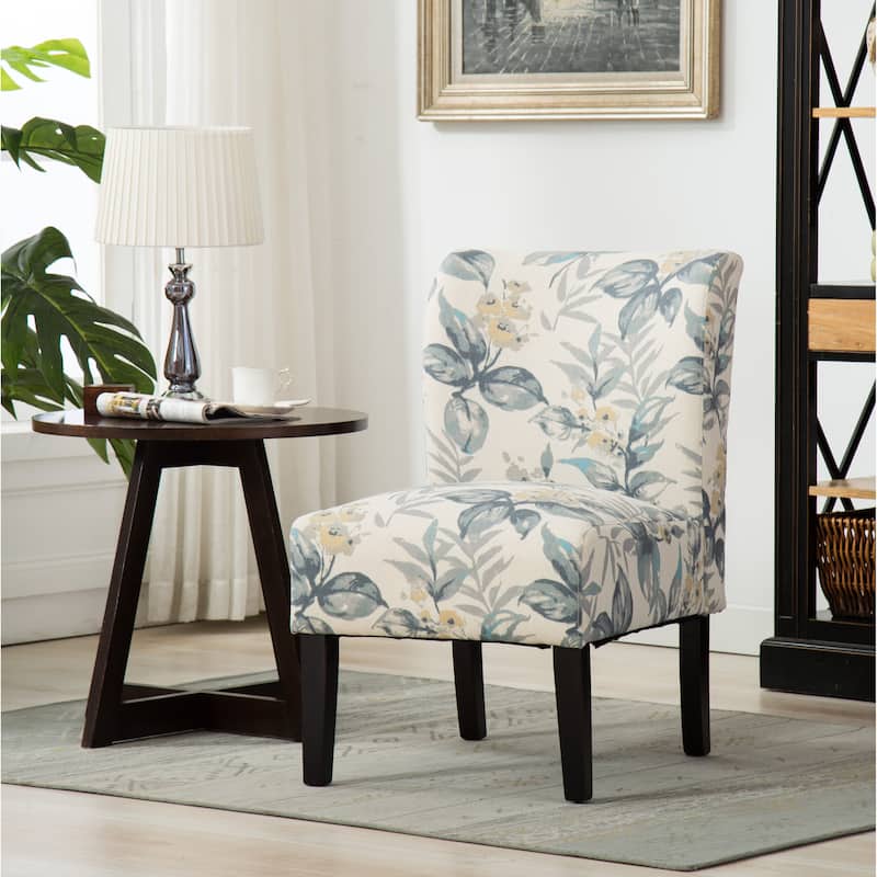 Print Fabric Armless Contemporary Accent Chair, Blue Leaves, for Living Room - Multi