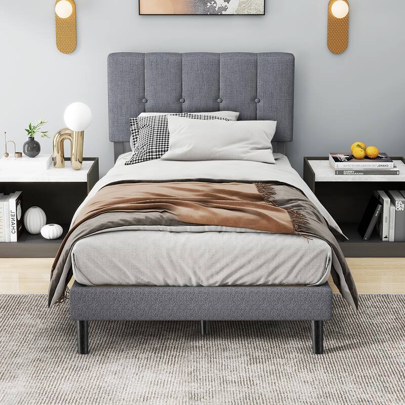 Full Size Platform Bed Frame with Fabric Upholstered Headboard and Wooden Slats Support, No Box Spring Needed/Easy Assembly