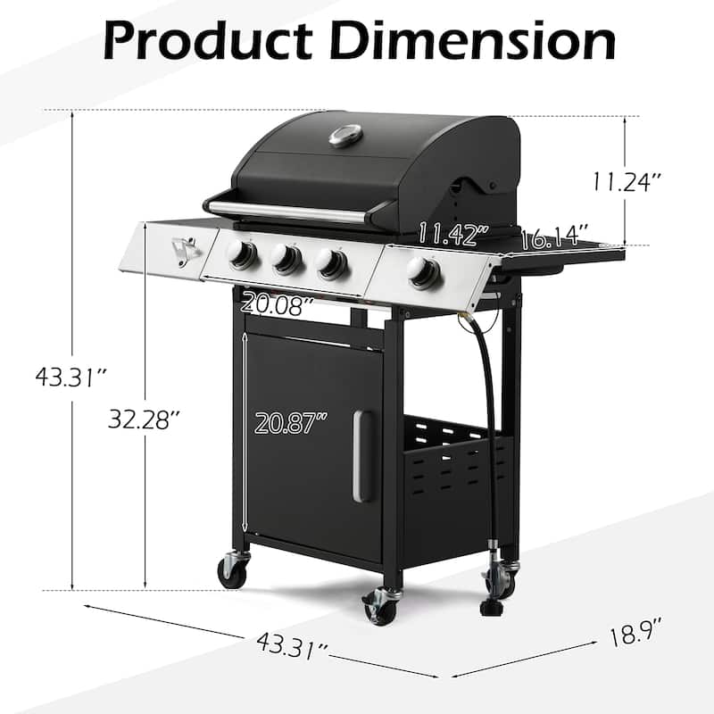 Outdoor Propane Gas Grill with Side Burner, Cast Iron Grates, Storage Cabinet, Easy Clean for Backyard & Patio