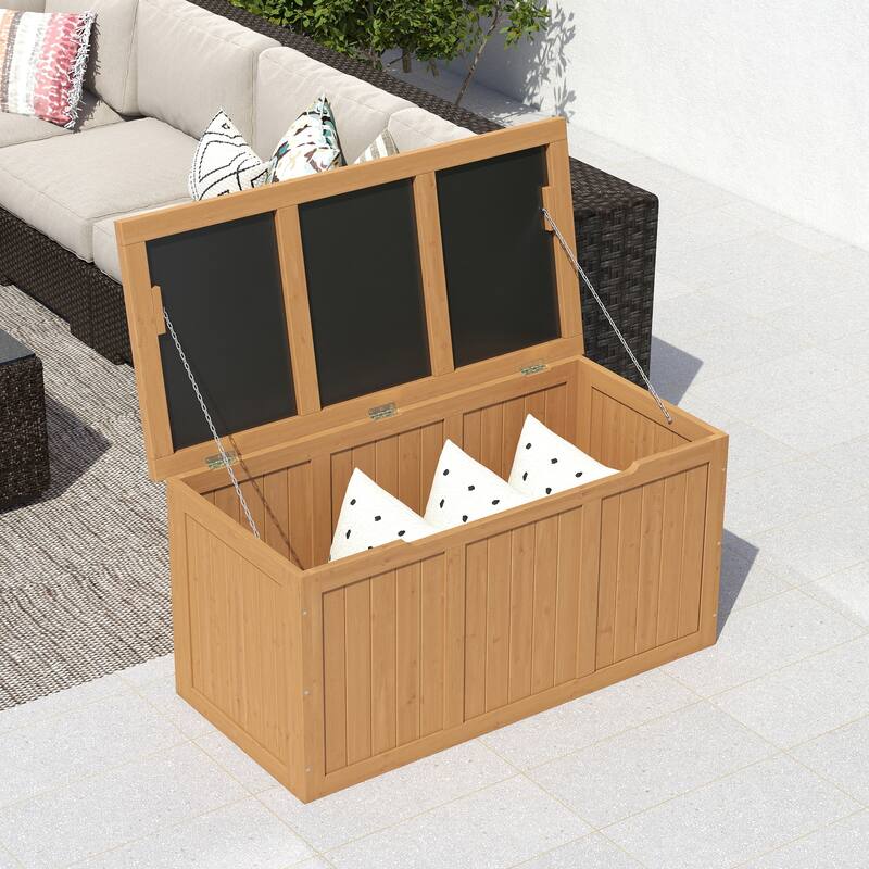 67 Gallon Wooden Deck Box Solid Wood Storage Box Seat & Table Top for Patio Furniture Cushions, Pool Toys & Garden Tools