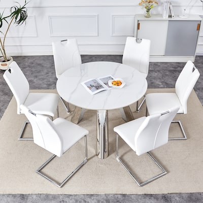 Roomfitters Round Sintered Stone Dining Table with 6 White Chairs, Modern Design Set