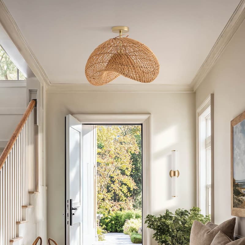 Sepherina Rattan Flush Mount - Rattan Natural 1-Light Handwoven Ceiling Light for Bedroom or Hallway in Modern, Farmhouse Style