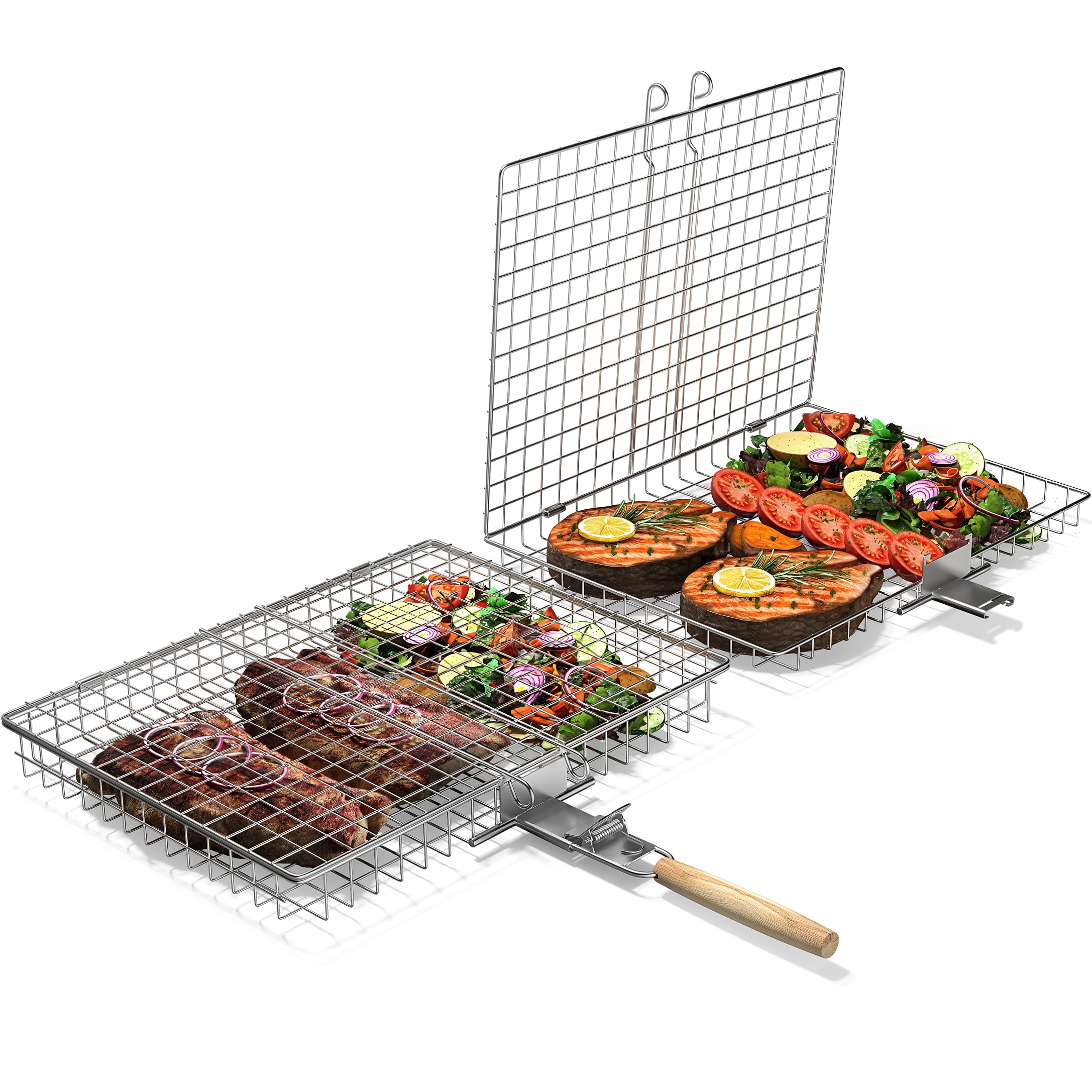Sorbus Large Stainless Steel Barbecue Folding Grilling Basket with Removable Handles- Set of 2