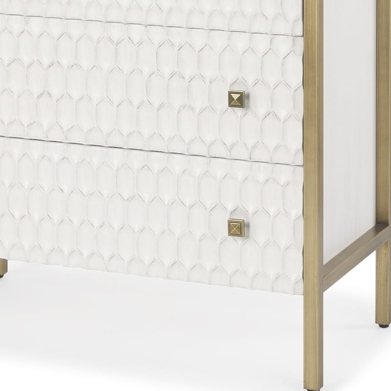 HomeRoots 32" White and Gold Wood and Metal Carved Geometric Accent Cabinet With Three Drawers