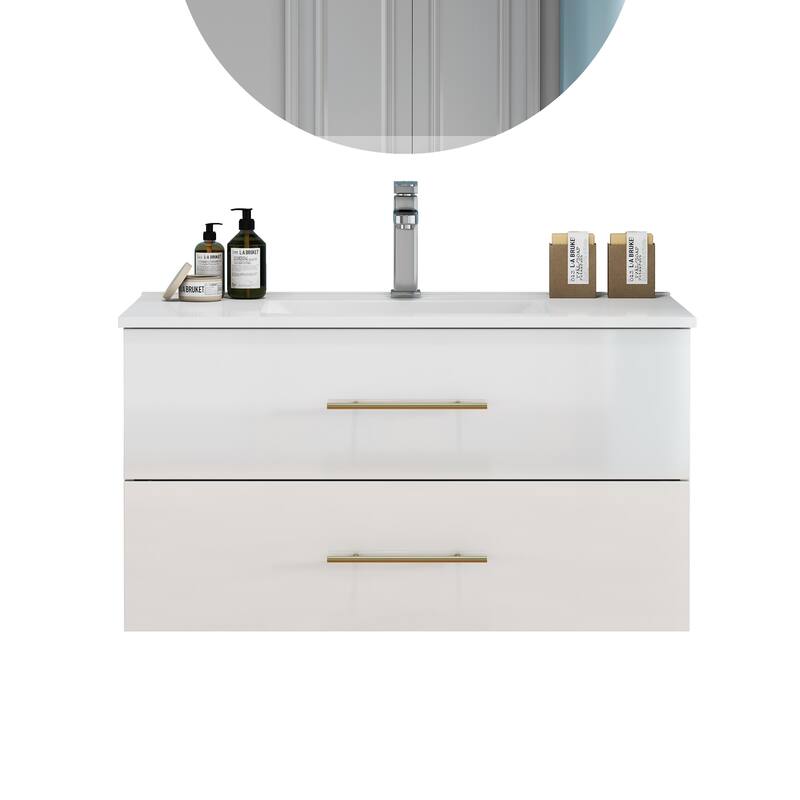 36-Inch Gloss Wall-Mounted Bathroom Vanity with Sink Combo,Double Drawers,Ceramic Sink, Long Gold Metal Handle